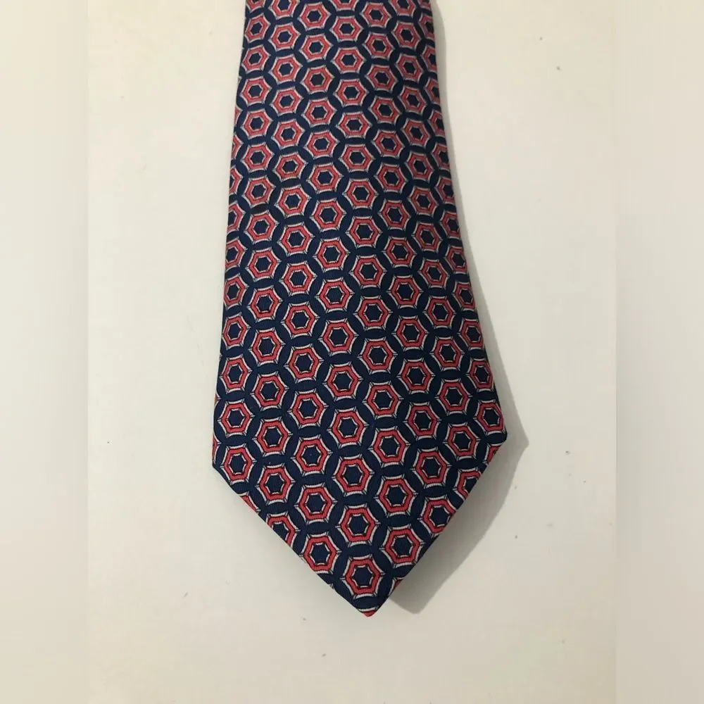 Hermes Hexagon Print Pattern 100% Silk Men’s Tie Red And Navy
